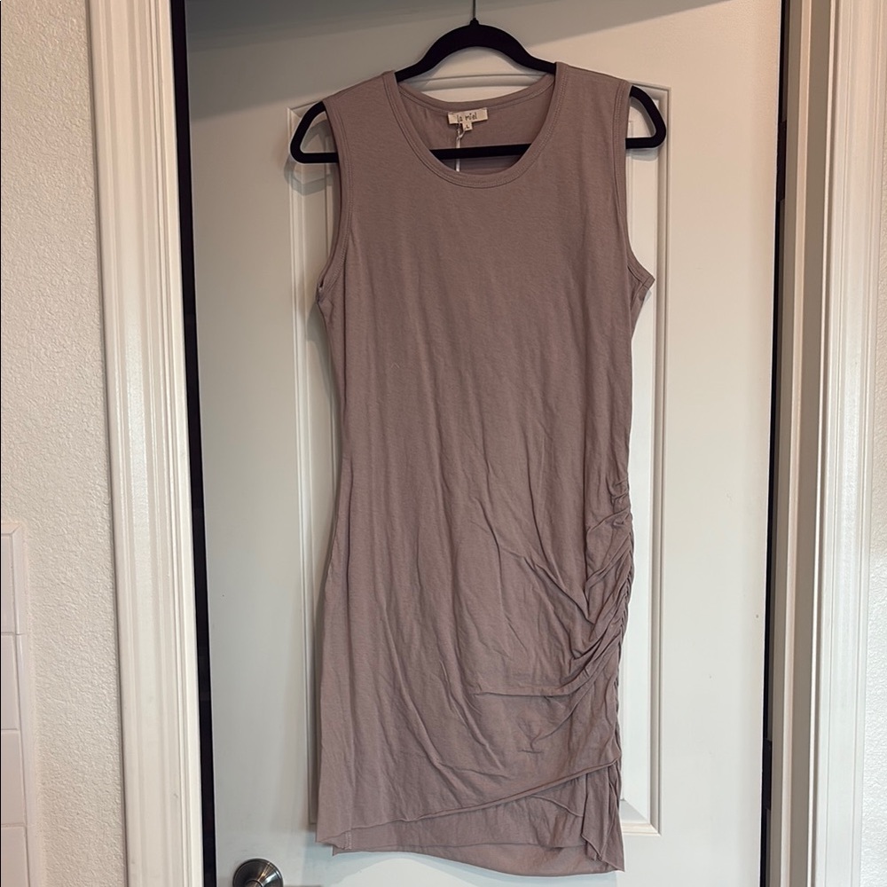 Tan Ruched Asymmetrical Sheath Dress